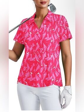 Pinspark UPF 50+ Golf Polo Shirt Pink Abstract Print Short Sleeve Athletic Top L